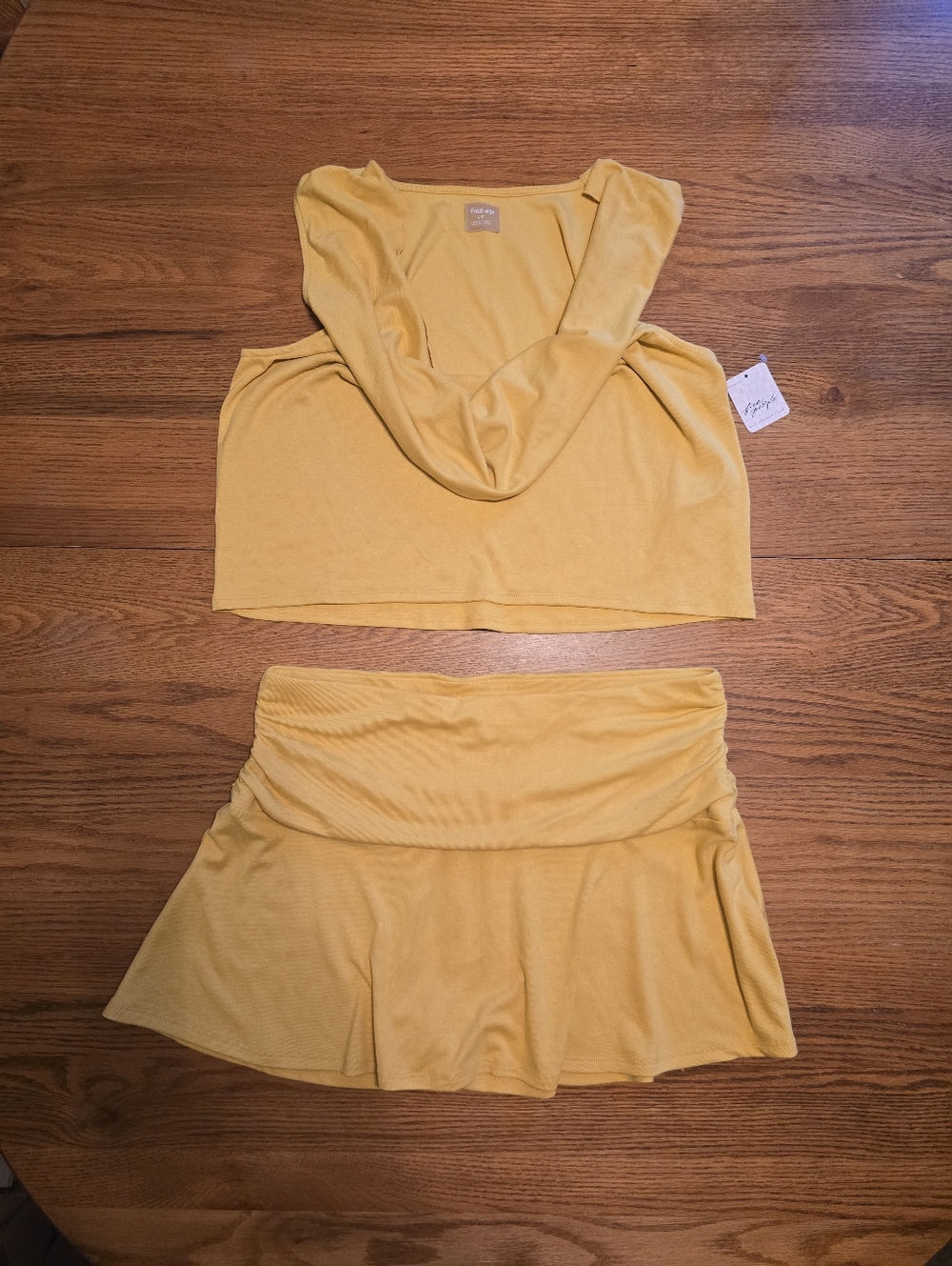 NWT Free People Women's Yellow Good Feels Mini Skirt And Tank Top Set Size Large